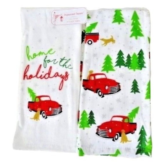 Peppermint Square Home for the Holiday 2 Kitchen Towels Red Truck Dog Trees NWT - Picture 1 of 3